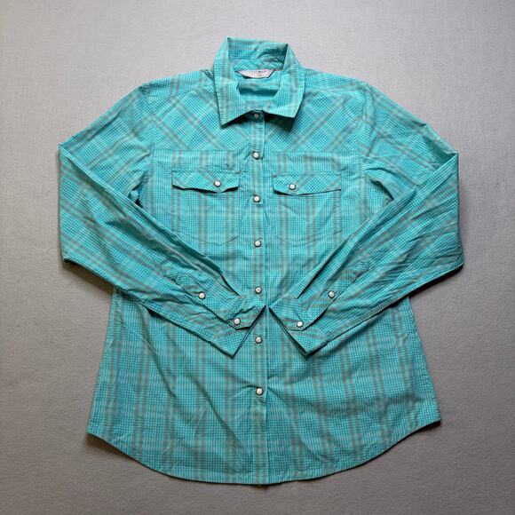 Stio Tops - Stio Button Up Shirt Women’s Medium Turquoise Plaid Snap Western Outdoor Hiking